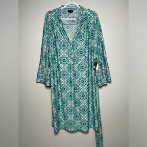 Tacera Plus Size Tunic Torquoise  Dress Bell Sleeves Women 3X Boho Belt Stretch
